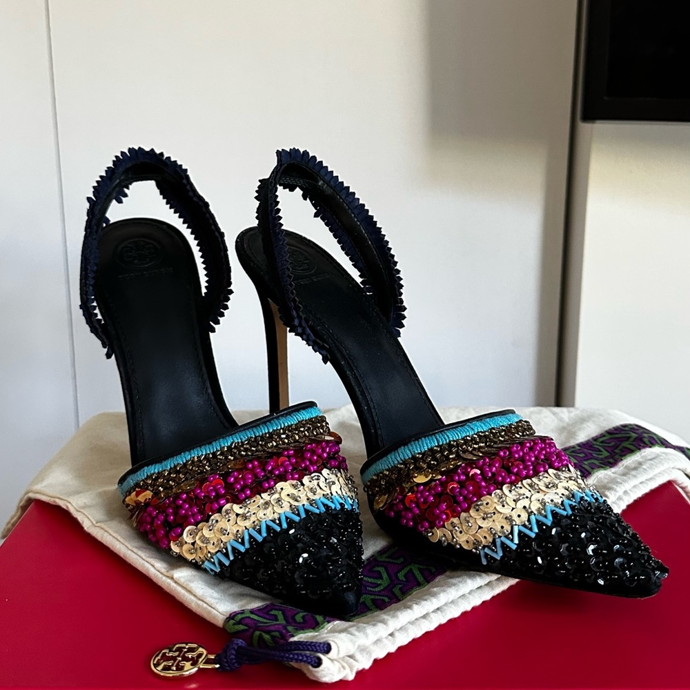 Tory Burch Isle Beaded Slingback 105mm Pump, Black